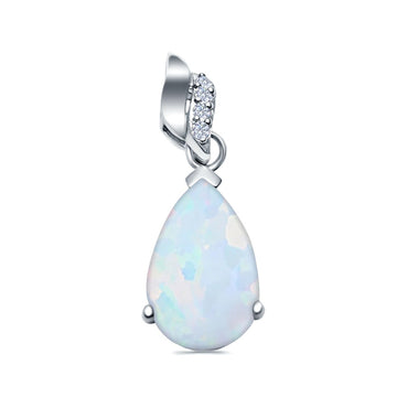 Pear Shape Lab Created White Opal Simulated CZ 925 Sterling Silver Charm Pendant